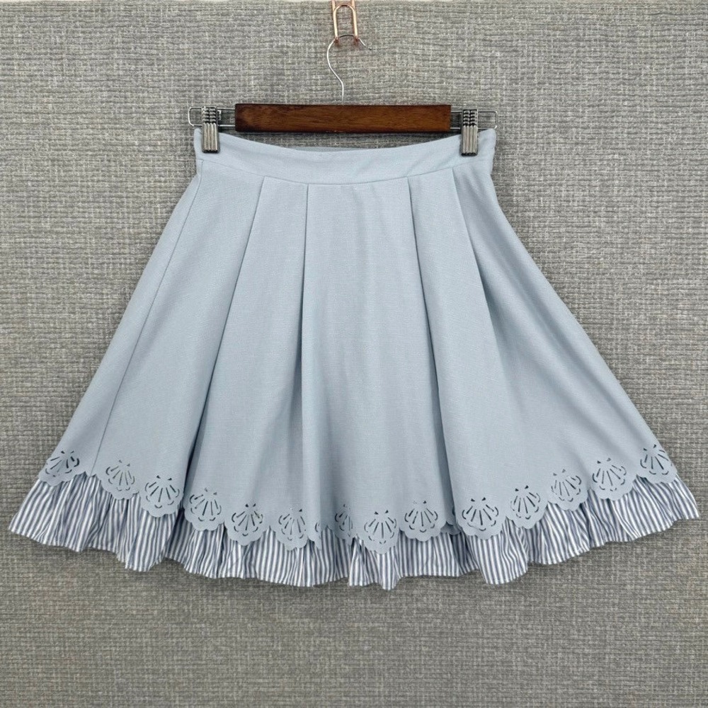 Secret Honey Skirt Women Sz 2 Blue Scalloped Eyelet Hem Striped Ruffle Coquette